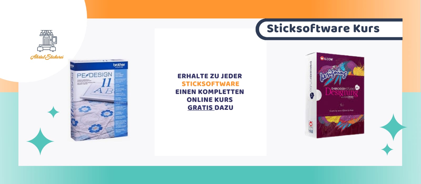 Zu jeder Sticksoftware ein gratis Online Kurs dazu dauer 2 Stunden PE Design 11 Wilcom Hatch