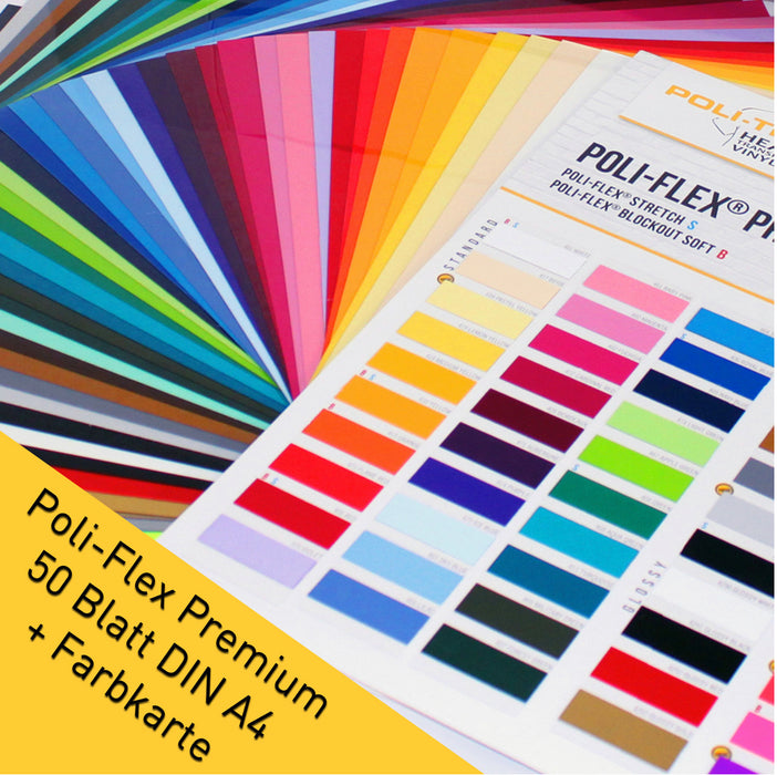 POLI-FLEX PREMIUM 50 Blatt DIN A4 Flexfolie + Farbkarte mit original Farbmuster jeder Farbe